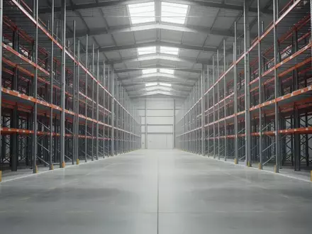 Ein weites, leeres Logistiklager mit hohen Metallregalen und einem sauberen Betonboden in natürlichem Licht. - Foto: über boerse-global.de