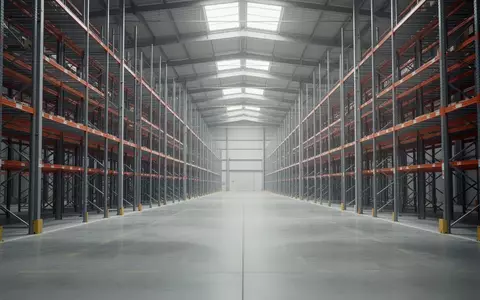 Ein weites, leeres Logistiklager mit hohen Metallregalen und einem sauberen Betonboden in natürlichem Licht. - Foto: über boerse-global.de