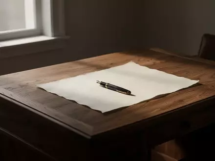 Ein minimalistisches Arbeitszimmer mit einem massiven Eichentisch und einem einzelnen Füllfederhalter auf unbeschriebenem Papier. - Foto: über boerse-global.de