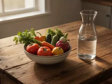 Ein hölzerner Tisch mit einer Schale frischem Gemüse in natürlichem Sonnenlicht. - Foto: über boerse-global.de