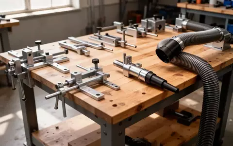 Eine saubere Werkbank in einer Werkstatt mit verschiedenen Metall-Spannwerkzeugen und einem Absaugschlauch. - Foto: über boerse-global.de