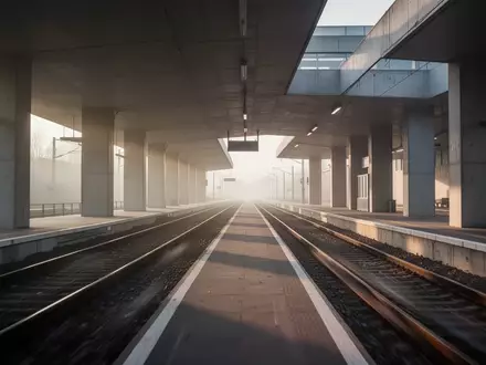 Ein verlassener Bahnsteig in den frühen Morgenstunden mit modernen Betonstrukturen und Gleisen in der Ferne. - Foto: über boerse-global.de