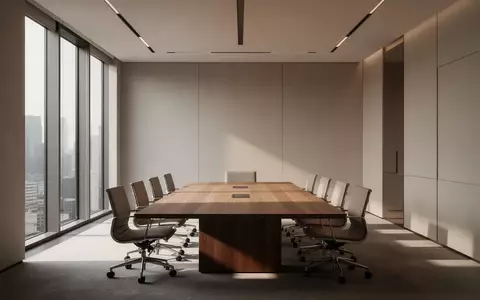 Ein minimalistischer, leerer Konferenzraum mit modernen architektonischen Linien und natürlichem Lichteinfall. - Foto: über boerse-global.de