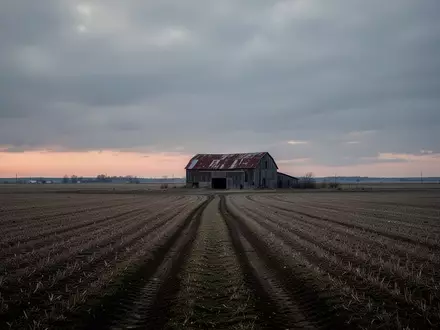 Ein einsamer Feldweg führt in der Dämmerung auf eine verwitterte Scheune in einer weitläufigen Agrarlandschaft zu. - Foto: über boerse-global.de