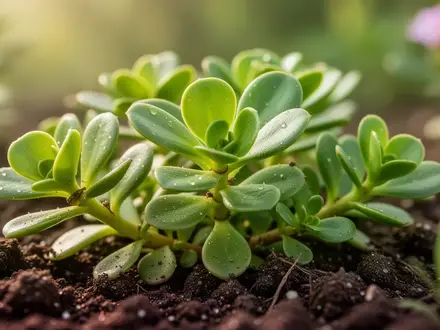 Nahaufnahme einer Portulaca oleracea Pflanze mit saftigen, grünen Blättern in natürlichem Licht. - Foto: über boerse-global.de