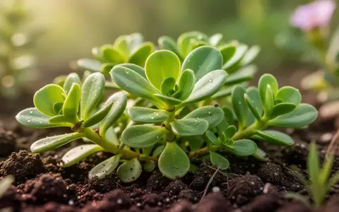 Nahaufnahme einer Portulaca oleracea Pflanze mit saftigen, grünen Blättern in natürlichem Licht. - Foto: über boerse-global.de