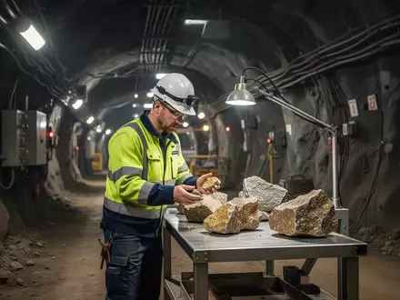Ein Arbeiter in einem Untertage-Bergwerk untersucht Gesteinsproben an einer Werkbank. - Foto: über boerse-global.de