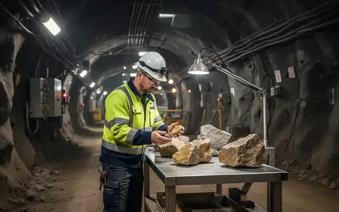 Ein Arbeiter in einem Untertage-Bergwerk untersucht Gesteinsproben an einer Werkbank. - Foto: über boerse-global.de