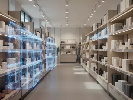 Ein modernes Ladenregal, auf das eine digitale Blaupause projiziert wird, um Ladenumbauten zu visualisieren. - Foto: über boerse-global.de