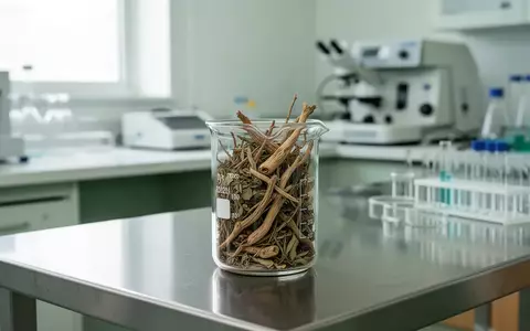Ein steriler Laborarbeitsplatz mit getrockneten Heilkräutern in einem Glasgefäß vor einem unscharfen wissenschaftlichen Hintergrund. - Foto: über boerse-global.de