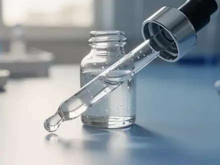 Eine Glasflasche mit Augentropfen in einer sterilen Laborumgebung bei natürlichem Licht. - Foto: über boerse-global.de