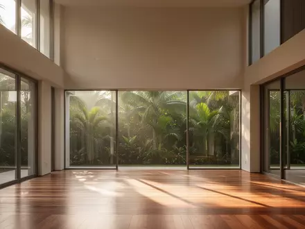 Ein heller, minimalistisch gestalteter Raum mit großen Fenstern und Blick ins Grüne, der eine Atmosphäre der Ruhe ausstrahlt. - Foto: über boerse-global.de