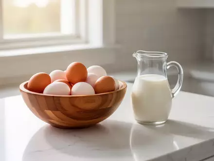 Eine Schale mit frischen Eiern und ein Glas Milch auf einer hellen Küchentheke im natürlichen Tageslicht. - Foto: über boerse-global.de