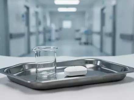 Eine sterile, medizinische Laborumgebung mit einer einzelnen weißen Tablette auf einem Metalltablett. - Foto: über boerse-global.de