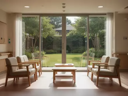 Ein heller, minimalistisch eingerichteter Aufenthaltsraum in einem modernen Pflegeheim mit Blick in einen Garten. - Foto: über boerse-global.de