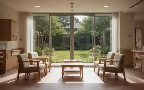 Ein heller, minimalistisch eingerichteter Aufenthaltsraum in einem modernen Pflegeheim mit Blick in einen Garten. - Foto: über boerse-global.de