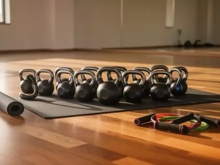 Ein heller, minimalistischer Fitnessraum mit Kettlebells, einer Matte und Widerstandsbändern auf einem Holzboden. - Foto: über boerse-global.de