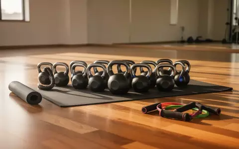Ein heller, minimalistischer Fitnessraum mit Kettlebells, einer Matte und Widerstandsbändern auf einem Holzboden. - Foto: über boerse-global.de