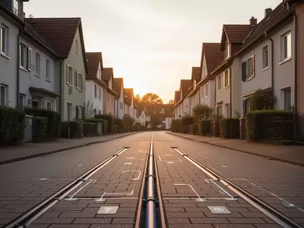 Eine ruhige Wohnstraße in einer deutschen Stadt bei Sonnenuntergang, die den Fokus auf die städtische Wärmeversorgung legt. - Foto: über boerse-global.de
