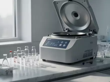 Moderne medizinische Laborausstattung mit Zentrifuge und Reagenzgläsern in einer sterilen, minimalistischen Umgebung. - Foto: über boerse-global.de