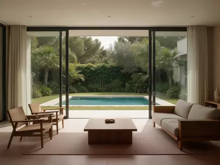 Ein sonnendurchflutetes Wohnzimmer mit Blick auf eine Terrasse und einen Garten, das eine ruhige Wohnatmosphäre vermittelt. - Foto: über boerse-global.de