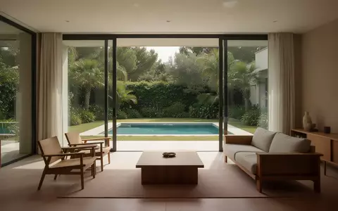 Ein sonnendurchflutetes Wohnzimmer mit Blick auf eine Terrasse und einen Garten, das eine ruhige Wohnatmosphäre vermittelt. - Foto: über boerse-global.de
