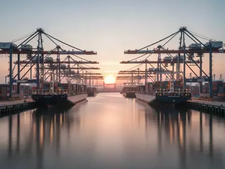 Industrielle Hafenanlagen bei Dämmerung, die die Bedeutung von Infrastruktur und Export für die Wirtschaft symbolisieren. - Foto: über boerse-global.de