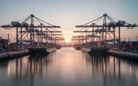 Industrielle Hafenanlagen bei Dämmerung, die die Bedeutung von Infrastruktur und Export für die Wirtschaft symbolisieren. - Foto: über boerse-global.de
