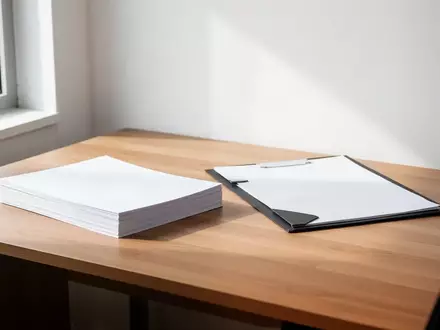 Ein minimalistischer Büroarbeitsplatz mit leeren Broschüren und einer Dokumentenmappe, die auf eine Archivierung von Unterlagen hindeutet. - Foto: über boerse-global.de