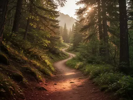 Ein gewundener Waldweg, der bei goldenem Licht einen Hügel hinaufführt und die belebende Wirkung von Bewegung in der Natur symbolisiert. - Foto: über boerse-global.de