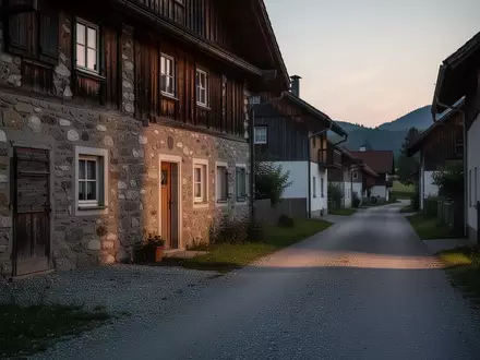 Eine ruhige, leere Wohnstraße in einem bayerischen Dorf in der Abenddämmerung. - Foto: über boerse-global.de