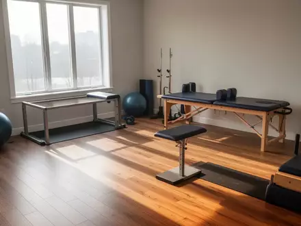 Heller, minimalistischer Raum einer physiotherapeutischen Praxis mit Holzboden und natürlichem Lichteinfall. - Foto: über boerse-global.de
