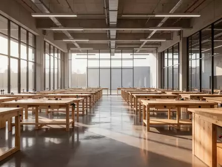 Ein minimalistischer Schulungsraum mit leeren Werkbänken in hellem, natürlichem Licht. - Foto: über boerse-global.de