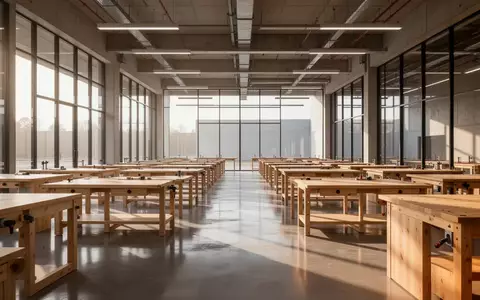 Ein minimalistischer Schulungsraum mit leeren Werkbänken in hellem, natürlichem Licht. - Foto: über boerse-global.de