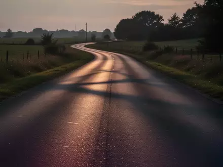Eine leere, asphaltierte Landstraße in der Dämmerung, die sich durch eine ruhige Landschaft schlängelt. - Foto: über boerse-global.de
