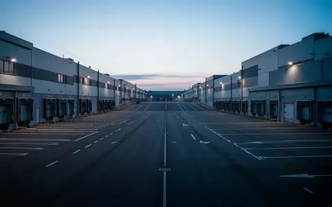 Leeres Logistikzentrum mit unbesetzten Laderampen und weitläufigem Betriebshof in der Morgendämmerung. - Foto: über boerse-global.de
