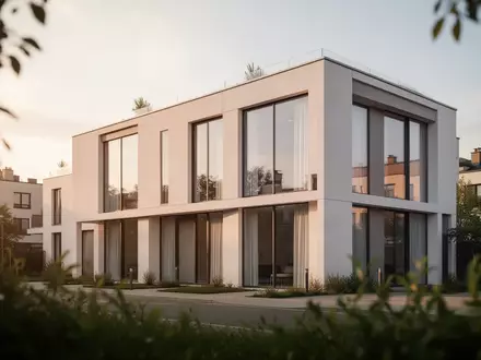 Modernes Wohngebäude mit klarer Architektur in einer ruhigen städtischen Umgebung bei Sonnenuntergang. - Foto: über boerse-global.de