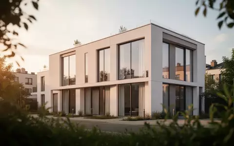 Modernes Wohngebäude mit klarer Architektur in einer ruhigen städtischen Umgebung bei Sonnenuntergang. - Foto: über boerse-global.de