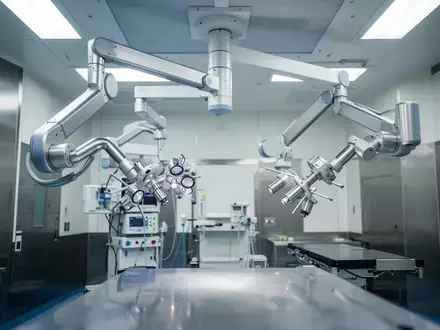 Ein steriler, moderner Operationssaal mit hochpräzisen mechanischen Armen zur Unterstützung bei chirurgischen Eingriffen. - Foto: über boerse-global.de