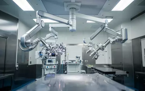 Ein steriler, moderner Operationssaal mit hochpräzisen mechanischen Armen zur Unterstützung bei chirurgischen Eingriffen. - Foto: über boerse-global.de