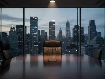 Ein leerer Konferenzstuhl an einem modernen Besprechungstisch in einem Bürogebäude mit Blick auf das Finanzviertel. - Foto: über boerse-global.de