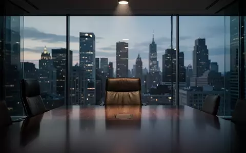 Ein leerer Konferenzstuhl an einem modernen Besprechungstisch in einem Bürogebäude mit Blick auf das Finanzviertel. - Foto: über boerse-global.de