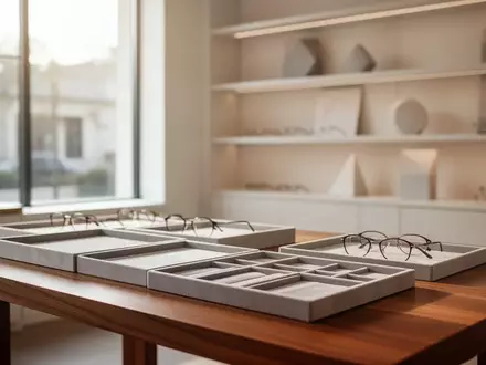 Minimalistisch gestalteter Innenraum eines modernen Optikergeschäfts mit natürlichem Licht und leeren Präsentationsflächen. - Foto: über boerse-global.de