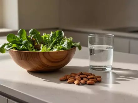 Eine minimalistische Küche mit einer Schale frischem Blattgemüse, einem Glas Wasser und Mandeln auf einer Steinarbeitsplatte. - Foto: über boerse-global.de