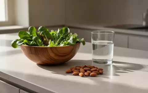 Eine minimalistische Küche mit einer Schale frischem Blattgemüse, einem Glas Wasser und Mandeln auf einer Steinarbeitsplatte. - Foto: über boerse-global.de