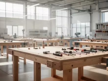 Eine leere, lichtdurchflutete Werkstatt für berufliche Weiterbildung mit Werkbänken und Handwerkzeugen. - Foto: über boerse-global.de