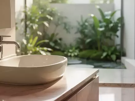 Ein helles, minimalistisches Badezimmer mit einem sauberen Waschbecken und einer Pflanze im Hintergrund. - Foto: über boerse-global.de