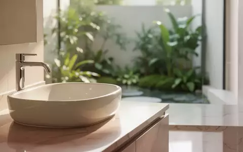 Ein helles, minimalistisches Badezimmer mit einem sauberen Waschbecken und einer Pflanze im Hintergrund. - Foto: über boerse-global.de