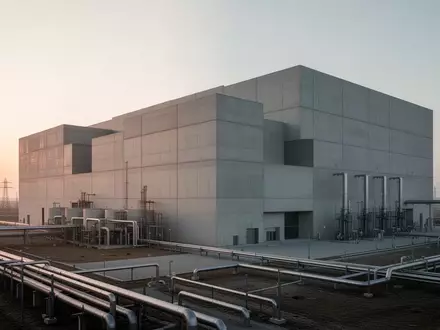 Ein minimalistisches, modernes Industriegebäude mit klaren geometrischen Linien in einer weiten Landschaft bei Tagesanbruch. - Foto: über boerse-global.de