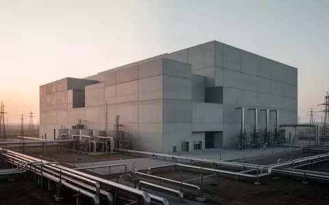 Ein minimalistisches, modernes Industriegebäude mit klaren geometrischen Linien in einer weiten Landschaft bei Tagesanbruch. - Foto: über boerse-global.de